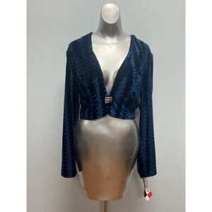 HL Design Blue Velvet Jacket With Wavy Pattern & Magnetic Medallion Closure Sz 4